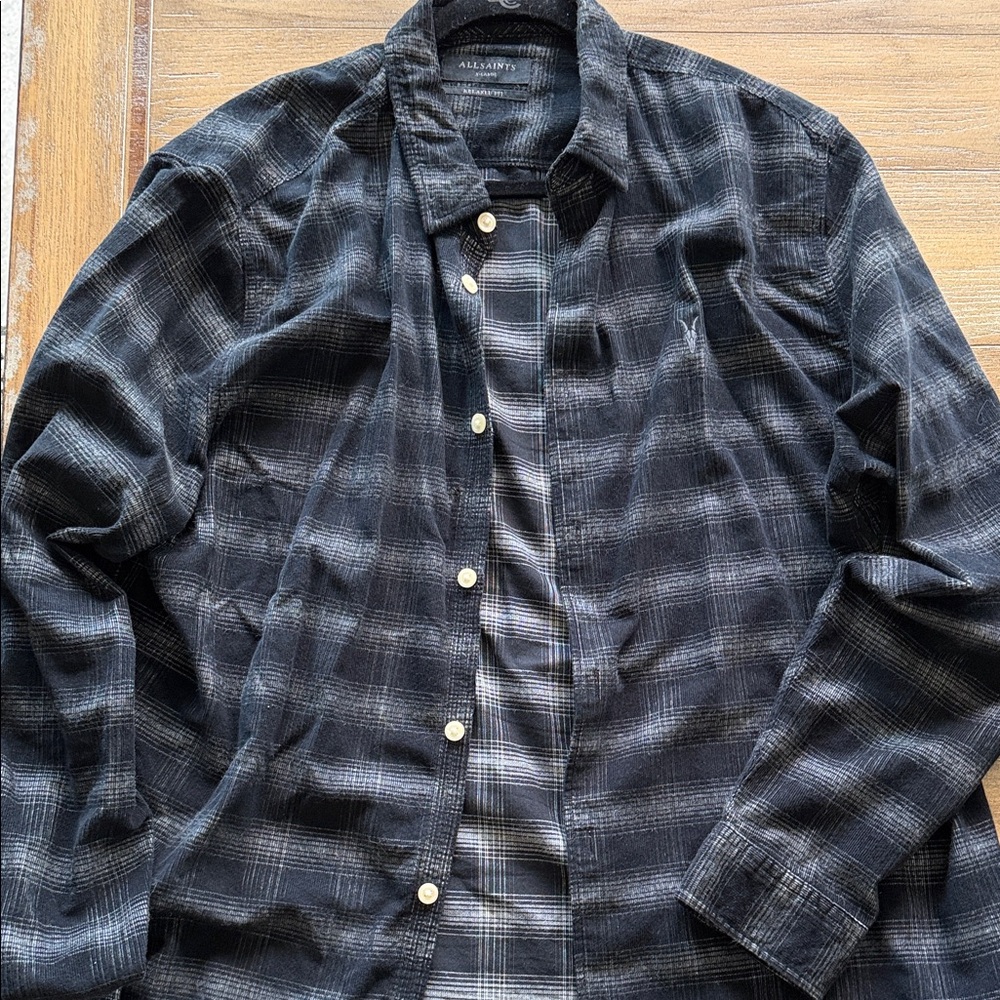 All Saints Black Gray Plaid Casual Button-Down Shirt